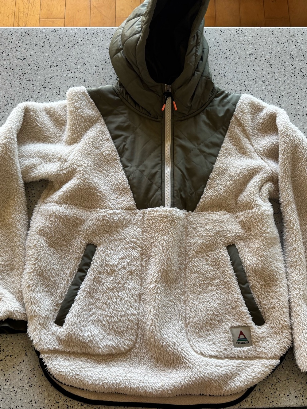 Passenger Olive Quilted Hooded Jacket with Cream Sherpa Trim